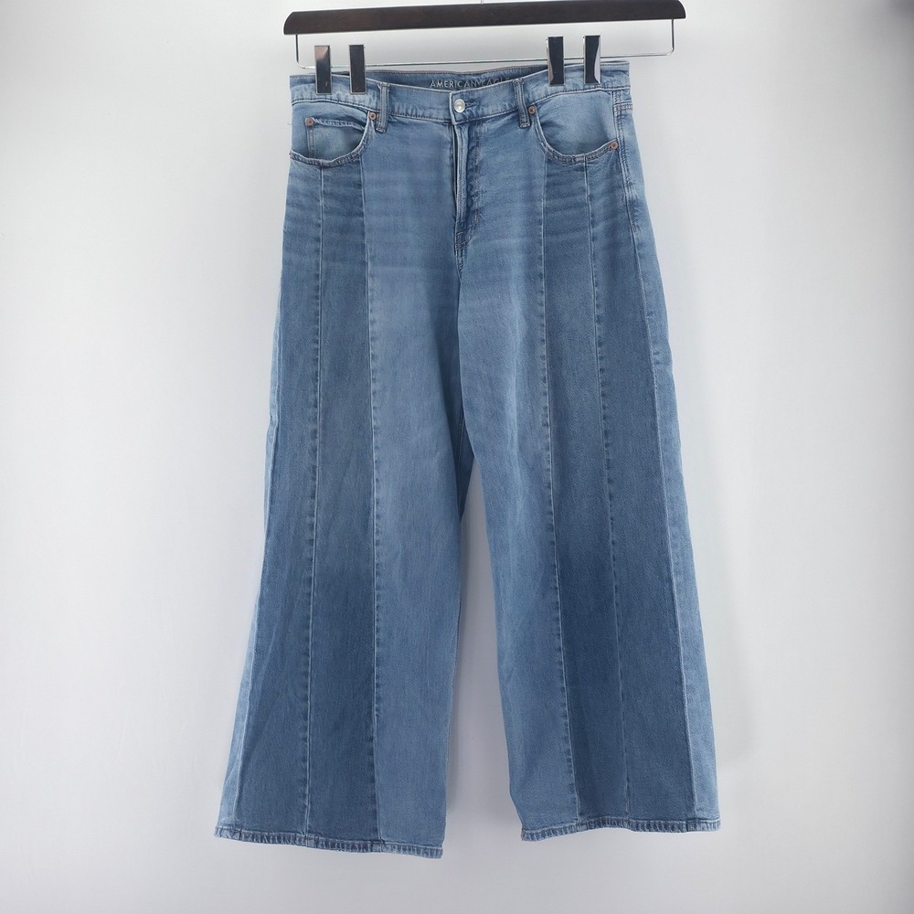 American Eagle Wide Leg Jeans Women 12 Blue Paneled Colorblock High Rise Stretch - Picture 2 of 16
